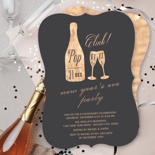 Pop Fizz Clink Champagne Chic New Years Eve Party Invitation