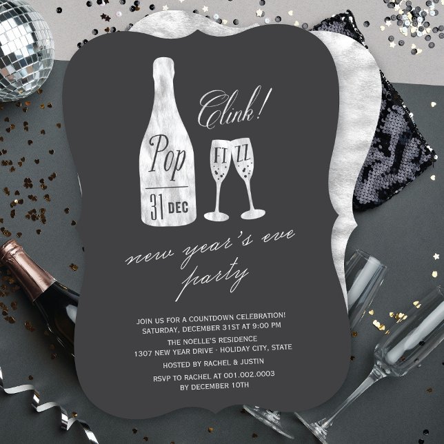 Pop Fizz Clink Champagne Chic New Year's Eve Party Invitation (Creator Uploaded)