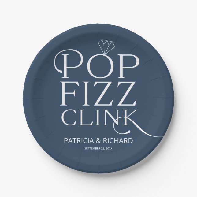 Pop Fizz Clink Engagement Party Blue Paper Plates (Front)