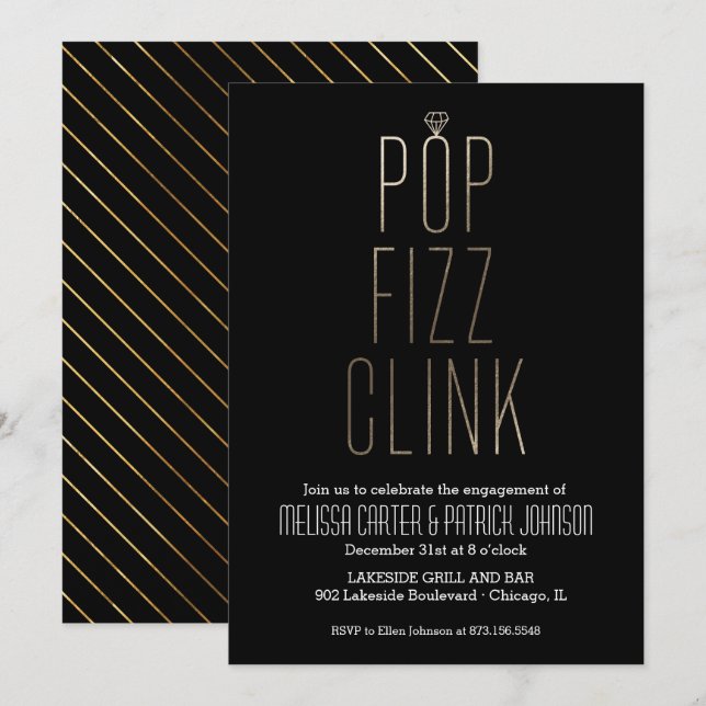 Pop Fizz Clink Engagement Party in Faux Foil Invitation (Front/Back)
