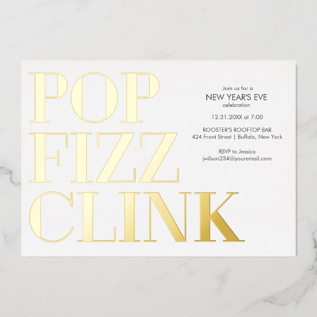 Pop Fizz Clink Gold New Year's Foil Invitation  (Front)