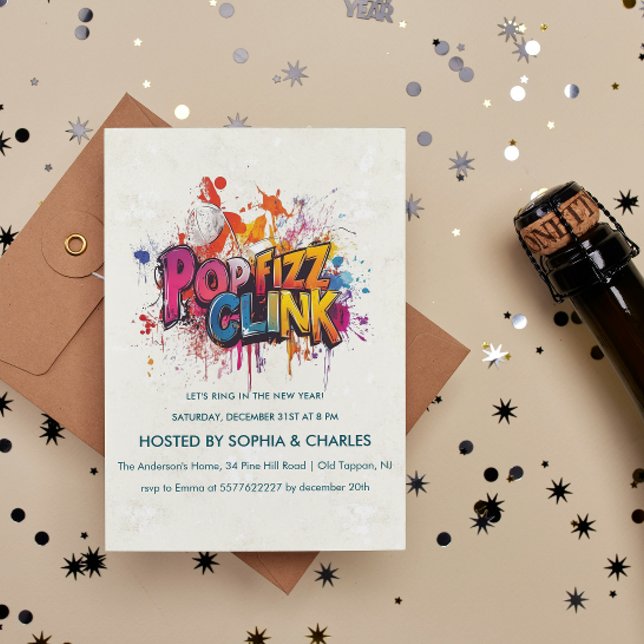 Pop Fizz Clink graffiti New Year's Eve Party Invitation (Creator Uploaded)