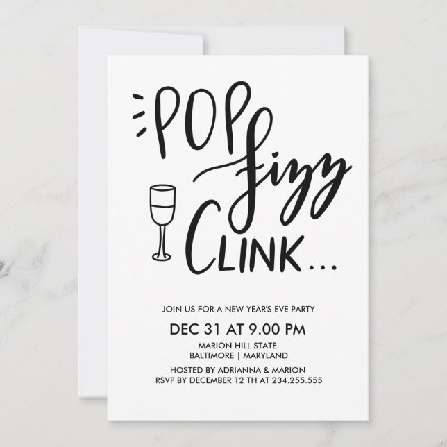 Pop Fizz Clink Handwritten New Year Party Invitation (Front)