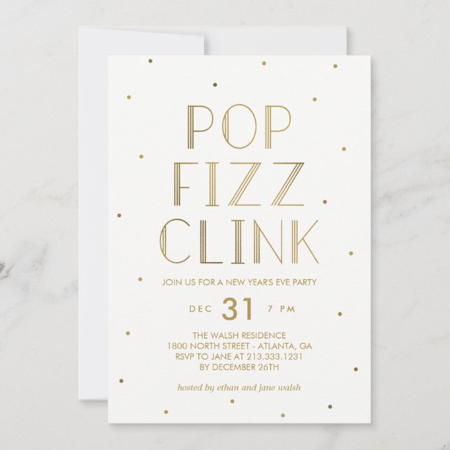 Pop Fizz Clink Holiday Party New Years Eve Party Invitation (Front)