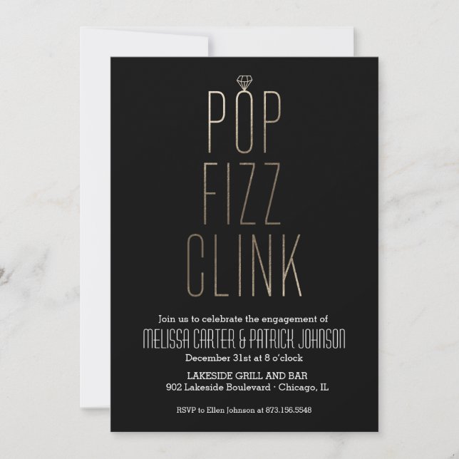 Pop Fizz Clink New Year Engagement Party Faux Foil Invitation (Front)