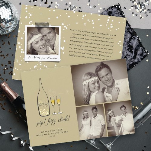 Pop Fizz Clink Stylish Gold Champagne Chic 3 Photo Holiday Card