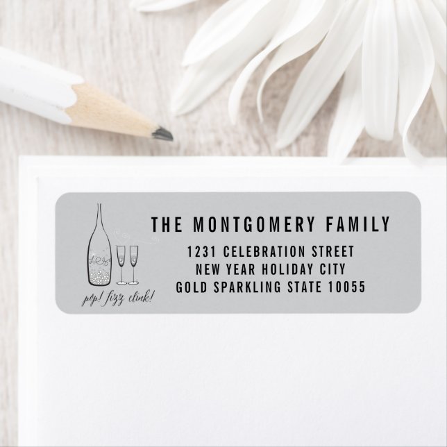 Pop Fizz Clink Stylish Silver Champagne Address Label (Insitu)
