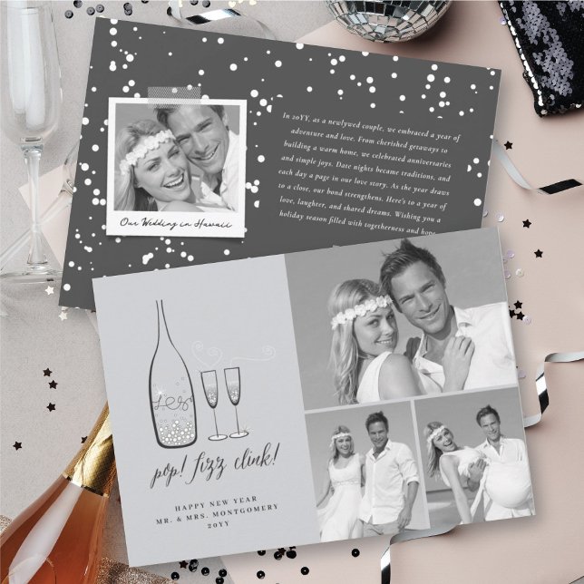 Pop Fizz Clink Stylish Silver Champagne Chic Photo Holiday Card (Pop Fizz Clink Stylish Silver Champagne Chic 3 Photo Holiday Card @ fat_fa_tin)