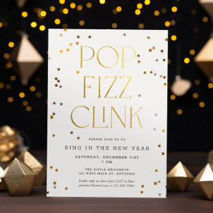 Pop Fizz Clink White Gold Confetti New Year's Eve Invitation