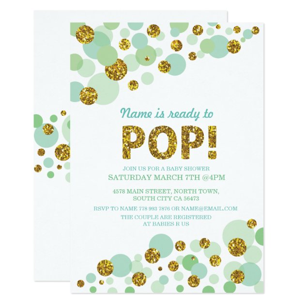Pop Gender Reveal Baby Shower Mint Gold Invite