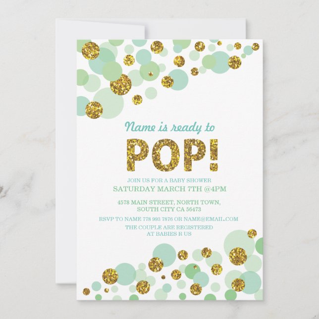 Pop Gender Reveal Baby Shower Mint Gold Invite (Front)