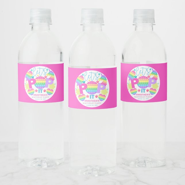 Pop It Birthday Party Personalized Pink Water Bottle Label (Bottles)
