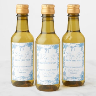 Pop It Blue White Toile de Jouy Bear Baby Shower Wine Label