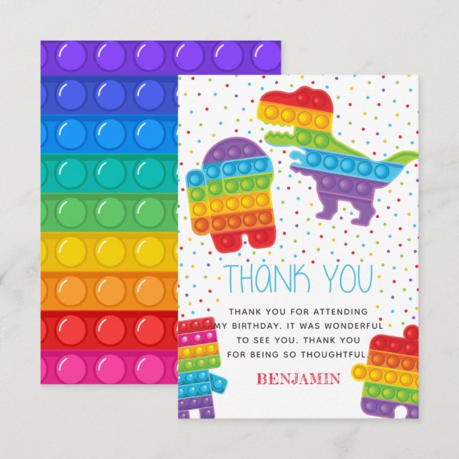 Pop It Boy Birthday Dinosaur Robot Thank You Card (Front/Back)