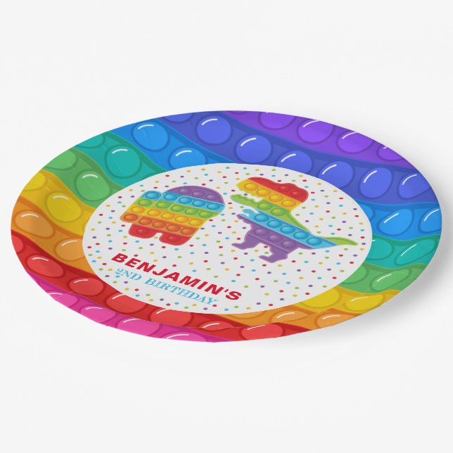 Pop It Boy Birthday Personalized Colorful Paper Plates (Angled)