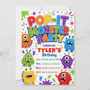 Pop It Cute Monsters Birthday Party Invitation