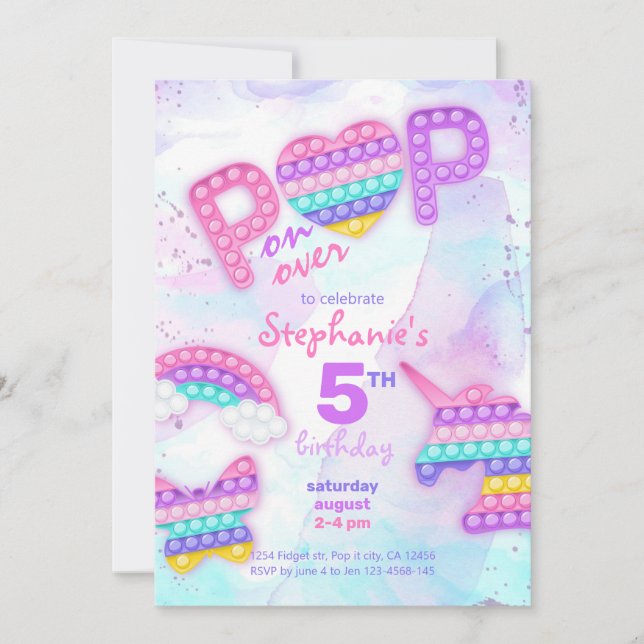 Pop it fidget toy unicorn rainbow birthday invitation (Front)