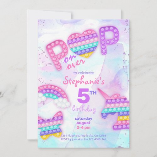 Pop it fidget toy unicorn rainbow birthday invitation