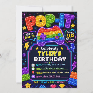 Pop It Gamer Party Birthday Party Invitation
