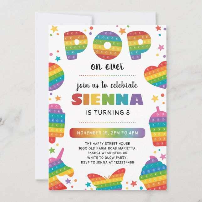 Pop it Invitation for Birthday Party Fidget Toy  (Front)