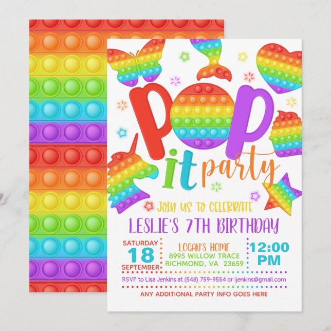 Pop It Party Birthday Invitation - Rainbow (Front/Back)