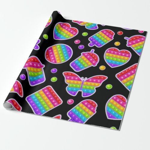 Pop it Rainbow Butterflies and Hearts Birthday Wrapping Paper