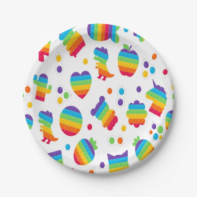 Pop it Rainbow Dinosaurs and Unicorns Birthday Paper Plates (Front)
