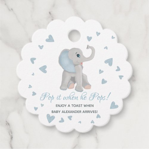 Pop It When He Pops Blue Gray Elephant Baby Shower Favor Tags