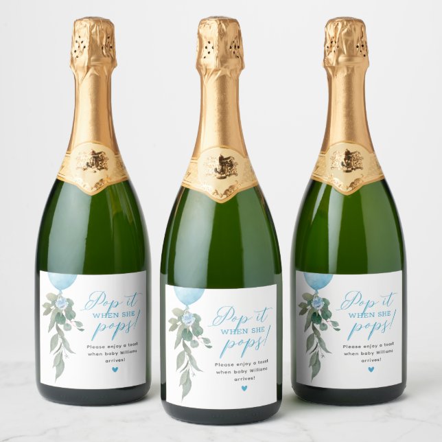 Pop It When She Pops Balloon Greenery Baby Shower Sparkling Wine Label (Bottles)