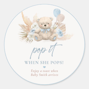Pop It When She Pops Boho Teddy Bear Blue Favor Classic Round Sticker