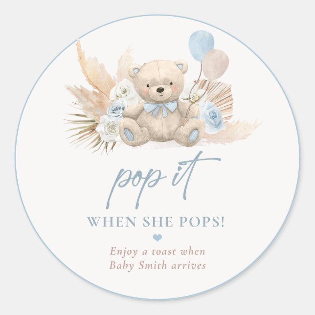 Pop It When She Pops Boho Teddy Bear Blue Favor Classic Round Sticker (Front)