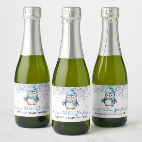 Pop it When She Pops Cute Boy Penguin Winter  Sparkling Wine Label