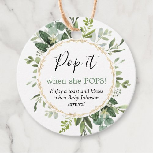 Pop it when she pops greenery gold baby shower favor tags