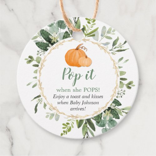 Pop it when she pops greenery pumpkin champagne favor tags