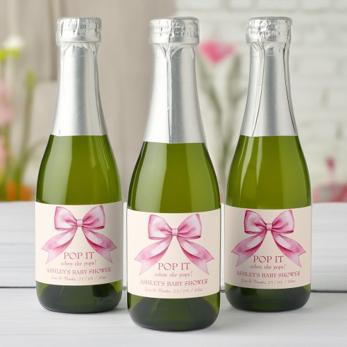 Pop it when she pops pink bow ribbon baby shower sparkling wine label