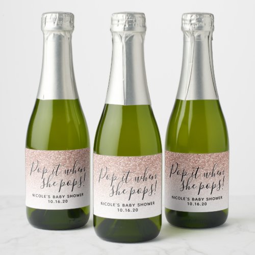 Pop it When She Pops Pink Glitter Baby Shower Cham Sparkling Wine Label