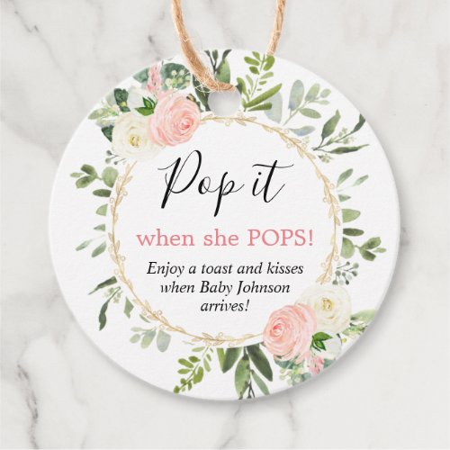 Pop it when she pops pink gold greenery baby favor tags