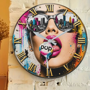 Pop Lollipop Luxury Fashion Pop Art Woman Portrait Large Clock