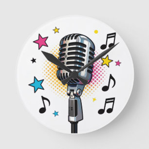 Pop microphone with colorful stars and music notes round clock