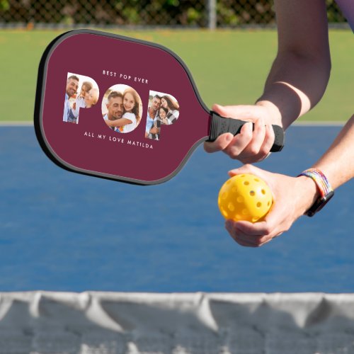 Pop multi photo modern typography burgundy gift pickleball paddle