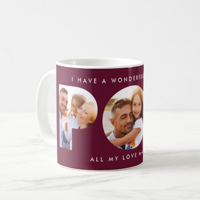 Pop multi photo modern typography elegant burgundy coffee mug (Front Left)