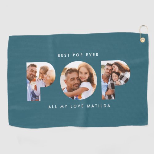 Pop multi photo modern typography teal gift golf towel