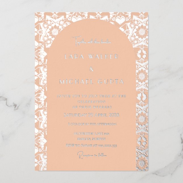 Pop of Apricot Italian Geometric (Retro-Dotted) Foil Invitation (Front)