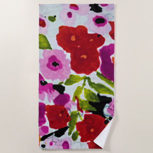 Pop of Bold Color Inky Watercolor Flowers Beach Towel
