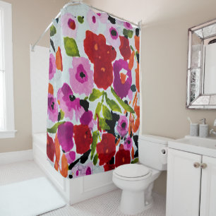 Pop of Bold Color Inky Watercolor Flowers Shower Curtain