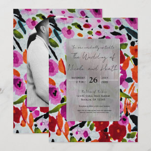 Pop of Bold Color Inky Watercolor Flowers Wedding Invitation