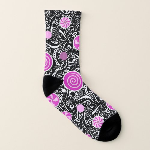 Pop of Pink on Black Paisley All_Over_Print Socks
