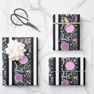 Pop of Pink on Black Paisley Wrapping Paper Sheets