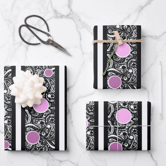 Pop of Pink on Black Paisley Wrapping Paper Sheets (Front)
