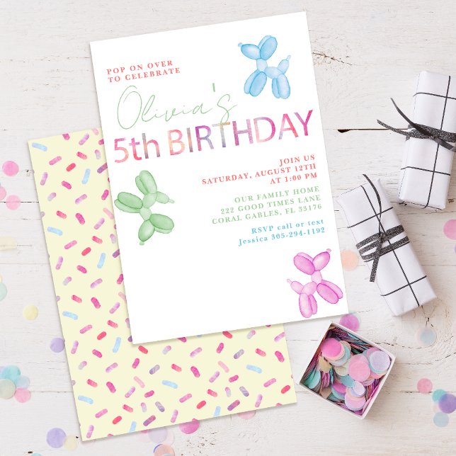 Pop On Over 5th Birthday Balloon Dog Invite (modern typography colorful 5th birthday party invitation )